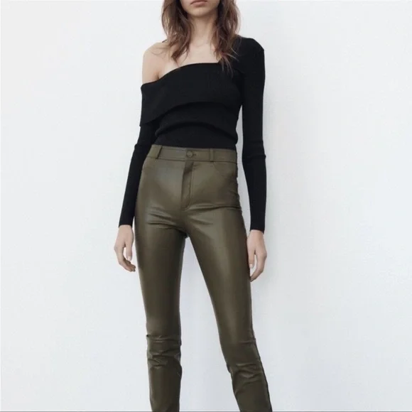 ZARA Faux Leather Dark Khaki Leggings - Picture 1 of 5